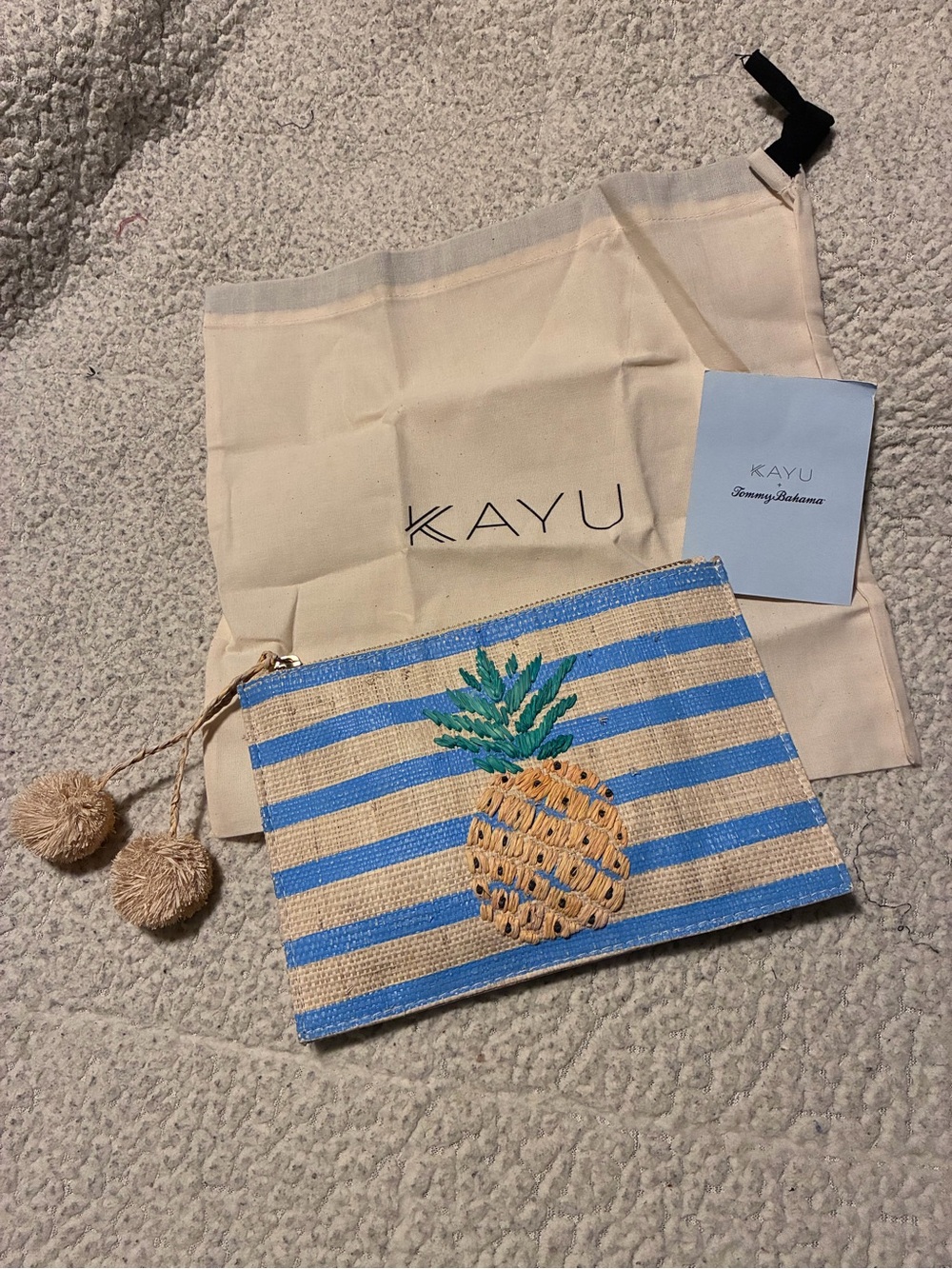 KAYU Blue & Natural Pineapple Embroidered Clutch, has dustbag, Tommy Bahama